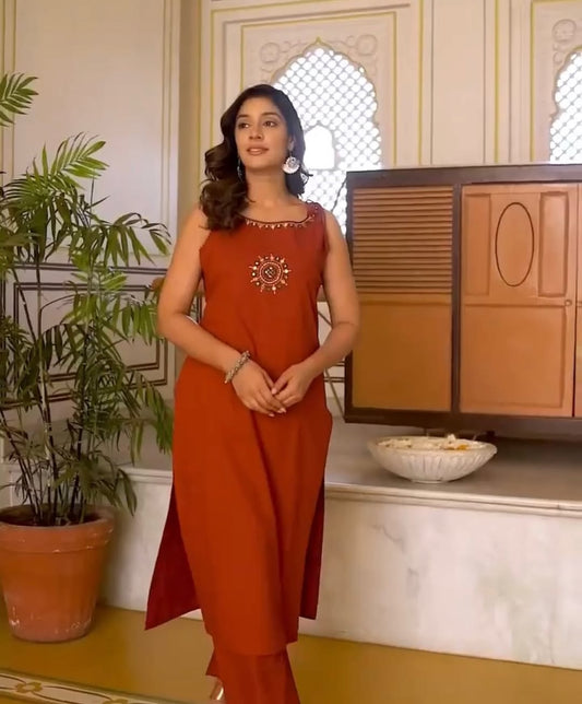 Dori Style Embroidery Work A-Line Kurti Pant Set