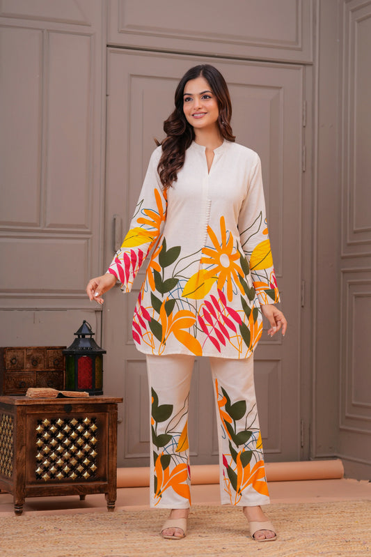 Off White Printed Cotton Flex Co-Ord Set