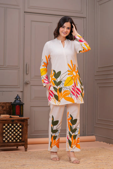 Off White Printed Cotton Flex Co-Ord Set