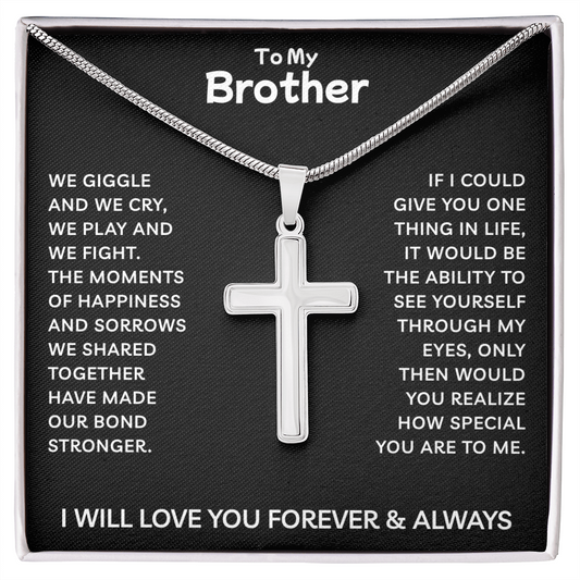 To My Brother | Our Bond Grows Stronger Every Day | Artisan Cross Necklace with Snake Chain